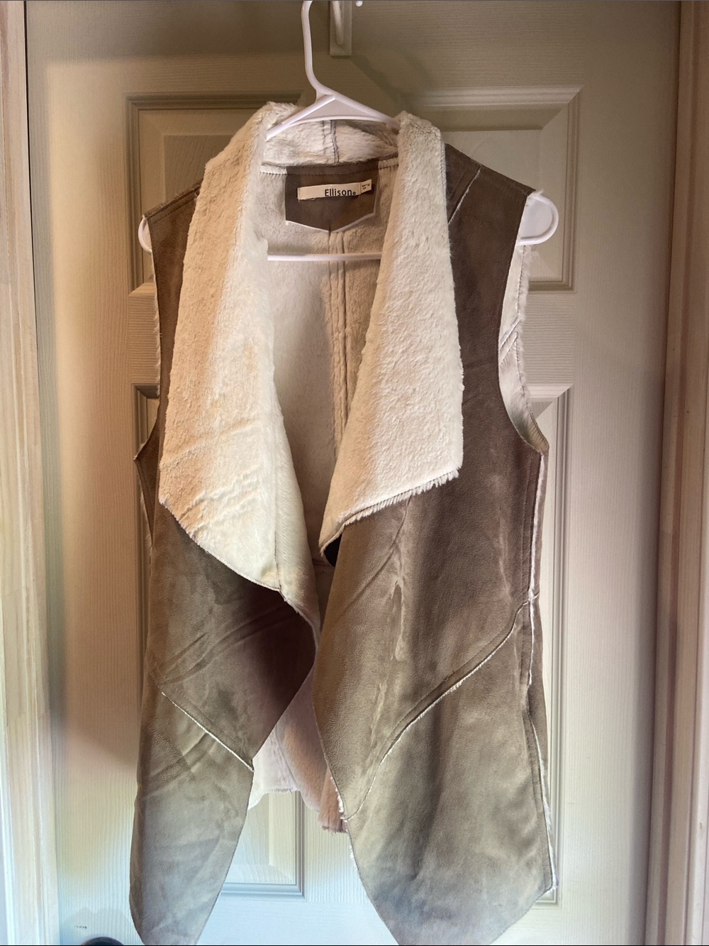Ellison Taupe Suede Vest with Cream Faux-Shearling Collar